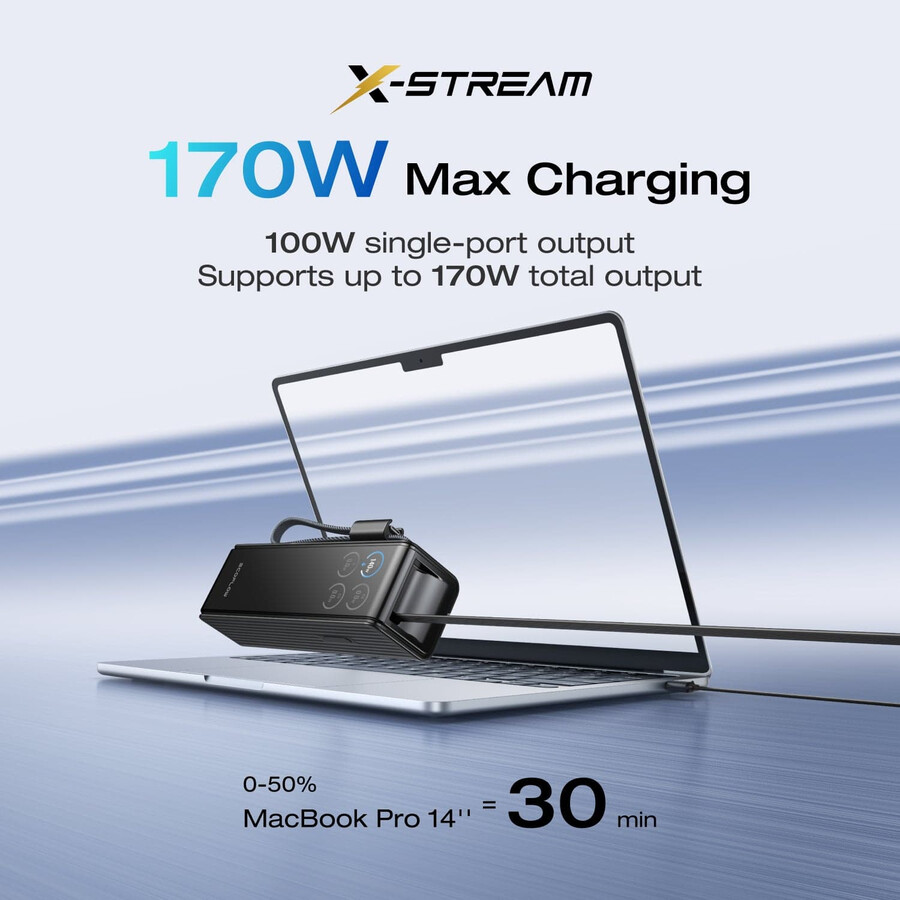 ecoflow rapid power bank 25.000 mah 170 w 100 w cavi integrati e retrattili