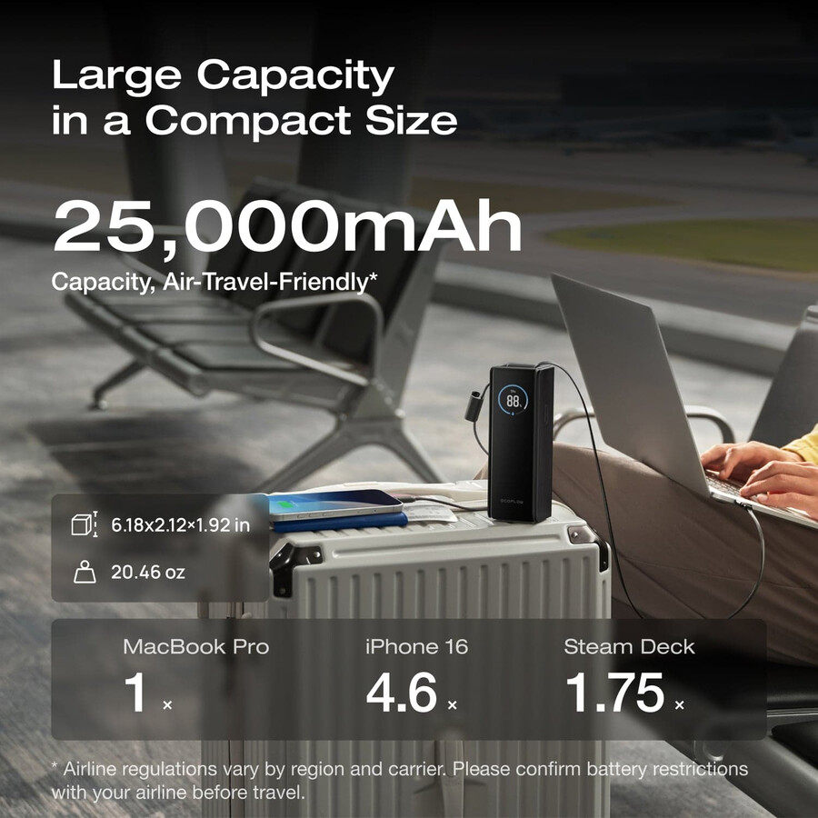 ecoflow rapid power bank 25.000 mah 170 w 100 w cavi integrati e retrattili
